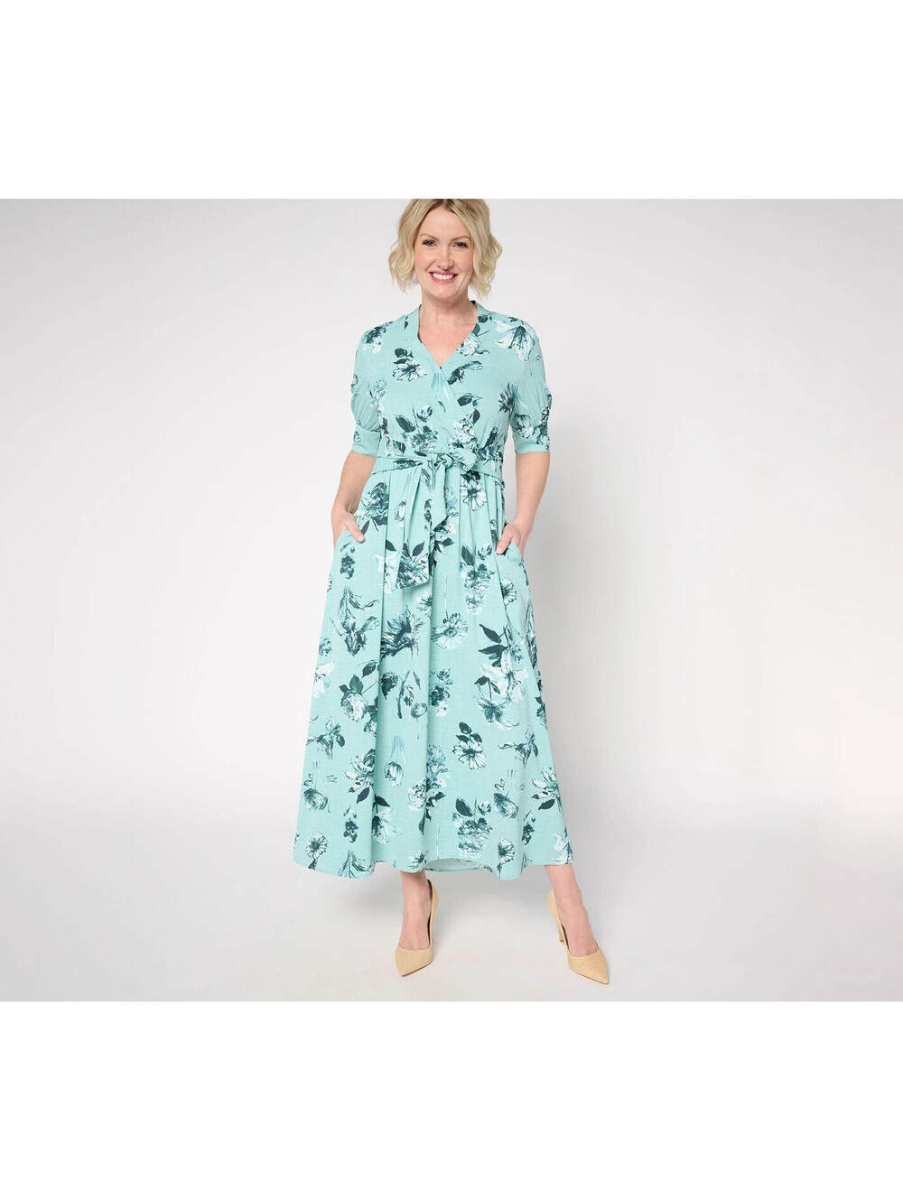 BEAUTIFUL by Lawrence Zarian Petite Printed Faux Wrap Midi Dress Seafoam PXL #1"